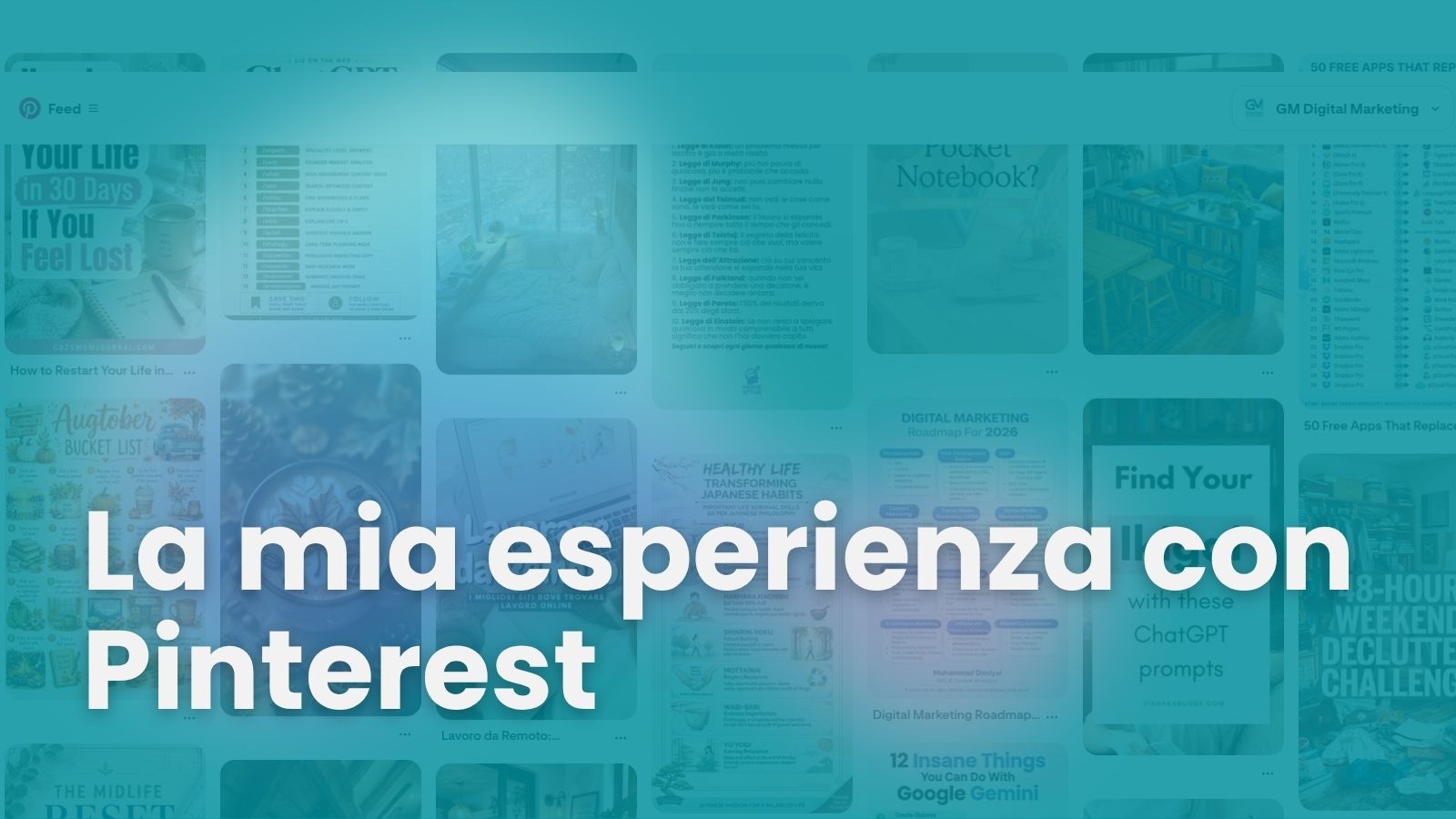 Schermata di bacheca Pinterest con il testo La mia esperienza con Pinterest in evidenza per l'articolo di approfondimento sul traffico organico al sito web