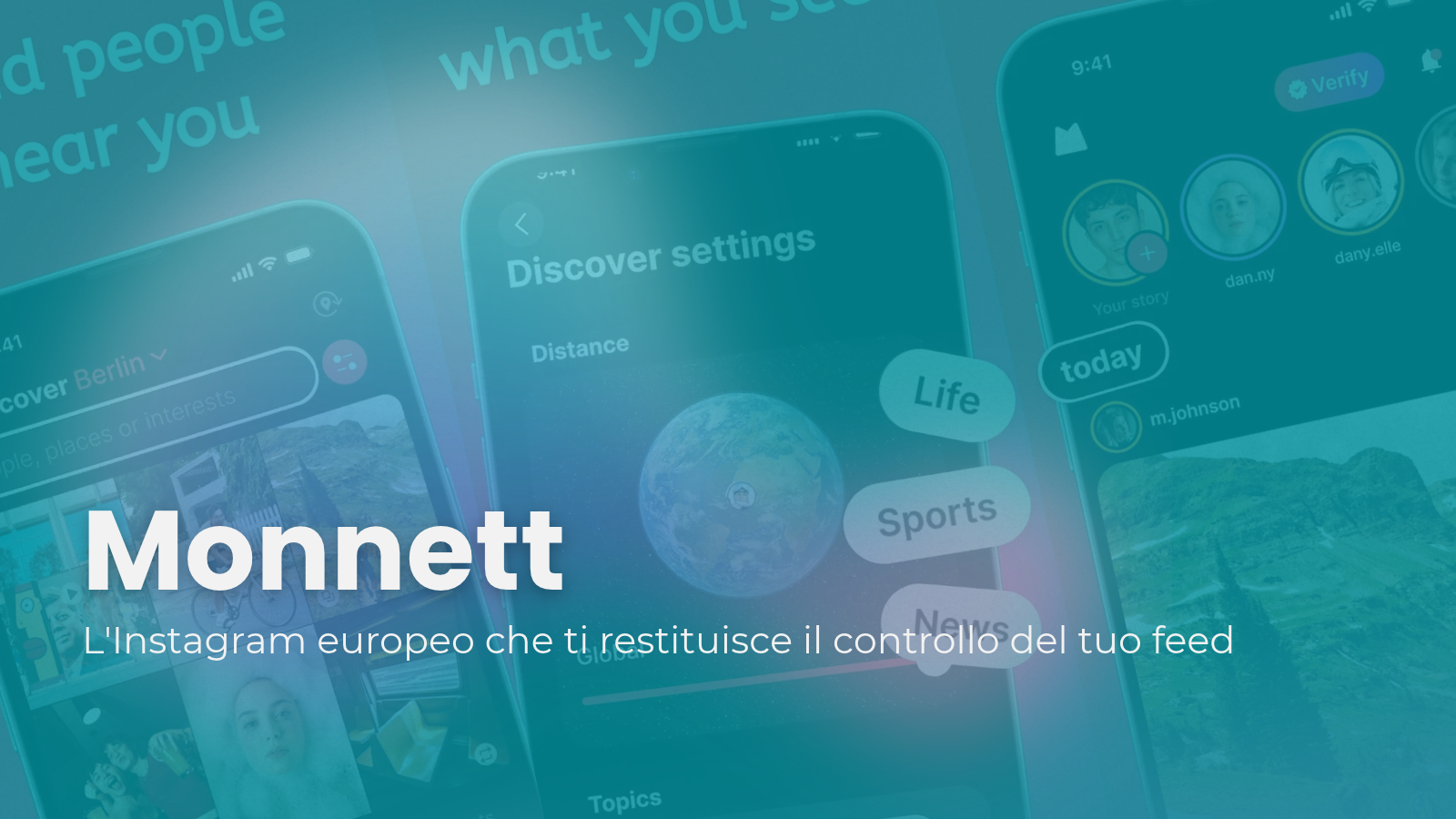 Copertina articolo blog: logo Monnett, il social network europeo che restituisce il controllo del feed. Screenshot dell'app con schermata Discover settings e funzione Distance. Metafora di sovranità digitale e privacy. Giacomo Meloni GM Digital Marketing